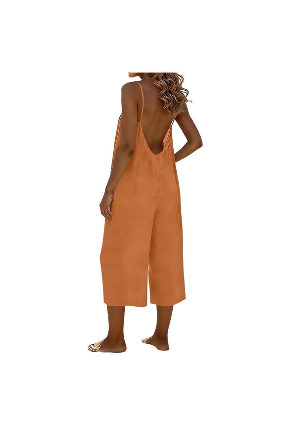 Women's Backless Spaghetti Strap Jumpsuit, Casual Cropped Wide Leg Romper, S-XXXL