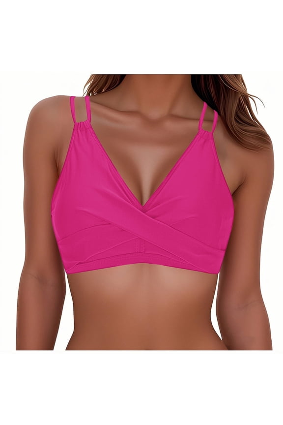 Women's Basic Solid Wrap Front Bikini Top Double Spaghetti Straps V Neck Swim Top Size S-XXL