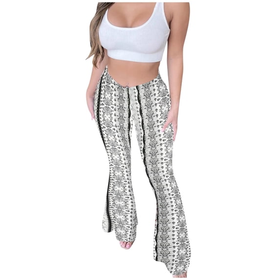 Yuanlook Women's Bohemian Print High Waist Flare Pants Vacation Casual Wide Leg Pants