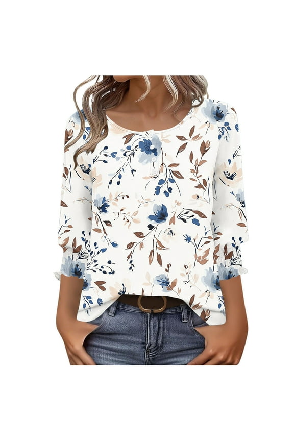 Women's Business Casual Tops,3/4 Sleeve T-Shirts Round Neck Cute Tunic Tops Basic Tees Work Blouses - White - L