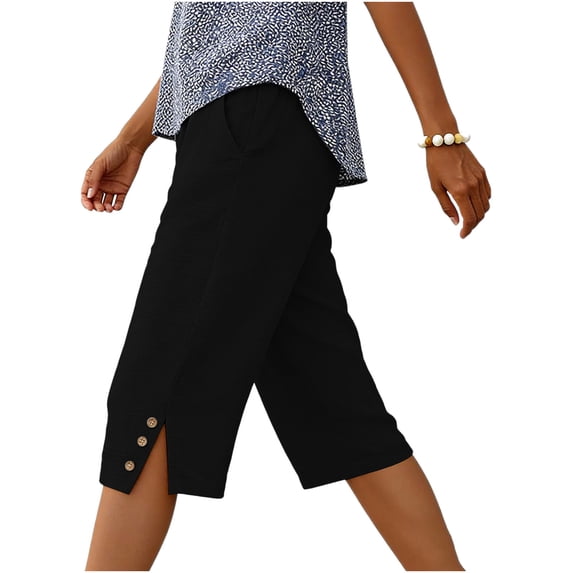 Yuanlook Women's Button-Slit Capri Pants, Elastic Waist Cropped Trousers with Side Buttons & Slit Hem, S-XXL