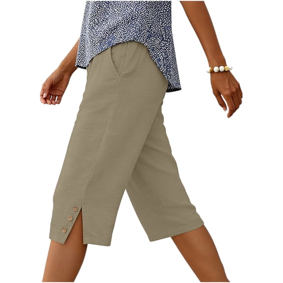 Yuanlook Women's Button-Slit Capri Pants, Elastic Waist Cropped Trousers with Side Buttons & Slit Hem, S-XXL