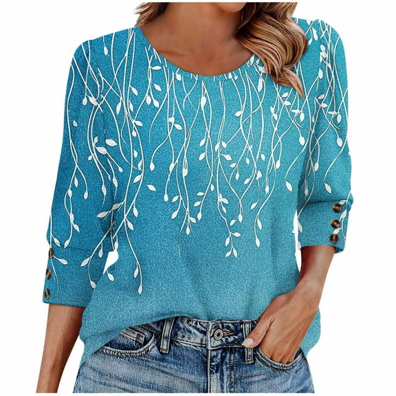 Yuanlook Women's Casual 3/4 Sleeve Loose Tunic Tops Scoop Neck T-Shirt - Light Blue - S