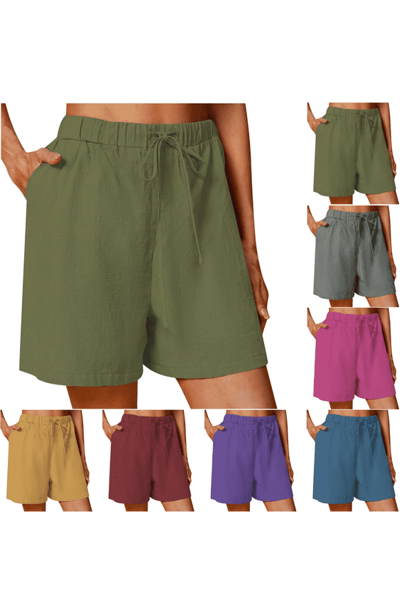 Women's Casual Crinkle Cotton Linen Shorts, Elastic High Waist with Drawstring & Side Pockets, S-XXXL