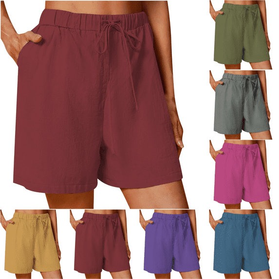Yuanlook Women's Casual Crinkle Cotton Linen Shorts, Elastic High Waist with Drawstring & Side Pockets, S-XXXL