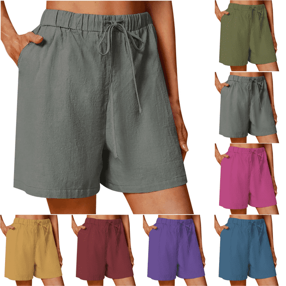 Yuanlook Women's Casual Crinkle Cotton Linen Shorts, Elastic High Waist with Drawstring & Side Pockets, S-XXXL