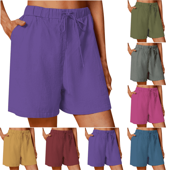 Yuanlook Women's Casual Crinkle Cotton Linen Shorts, Elastic High Waist with Drawstring & Side Pockets, S-XXXL