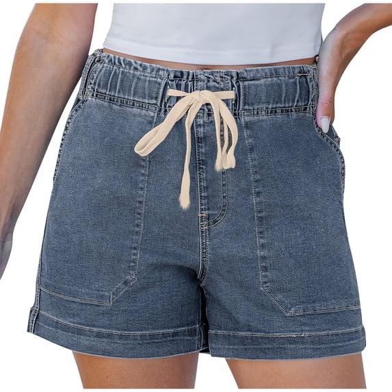 Yuanlook Women's Casual Denim Shorts, Elastic Waist Drawstring with Utility Pockets, S-XXXL