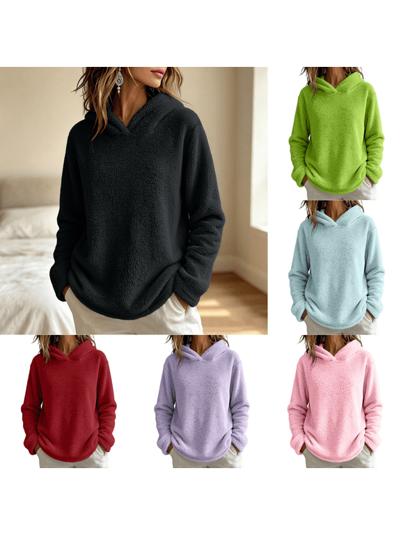 Women's Casual Hooded Sherpa Fleece Tops, Long Sleeve Relaxed Fit Warm Pullover Shirts for Short Cabin Getaway S-XXL Tops