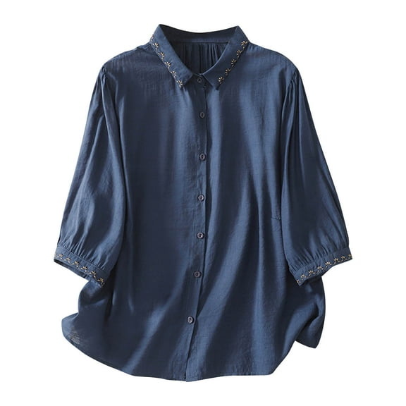 Yuanlook Women's Casual Shirts,3/4 Lenght Sleeve Collared Neck Button Down Blouse Business Work Tops Dressy Tees - Dark Blue - M