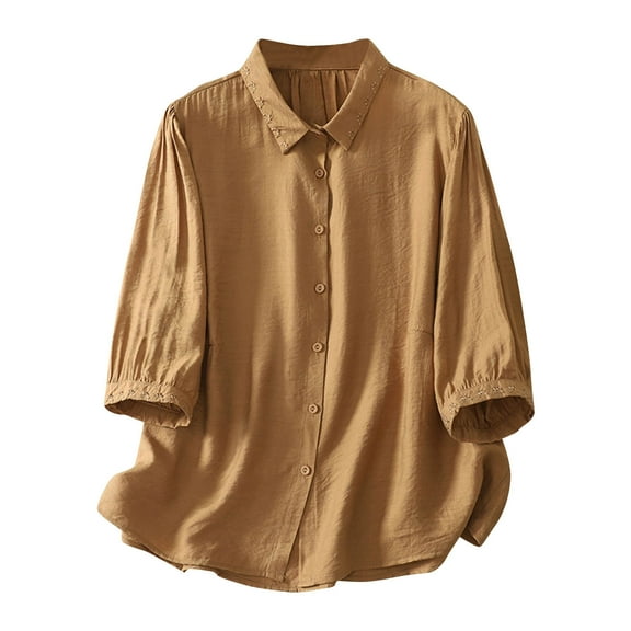 Yuanlook Women's Casual Shirts,3/4 Lenght Sleeve Collared Neck Button Down Blouse Business Work Tops Dressy Tees - Khaki - XXL