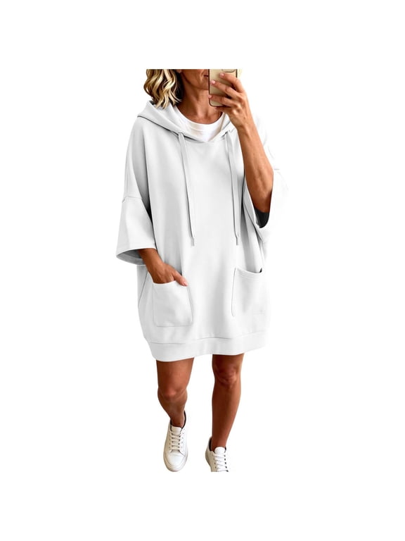 Women's Casual Solid Hooded Sweatshirts, Short Sleeve Comfort Tunic Dress Tops For Outdoor Trips S-XXL