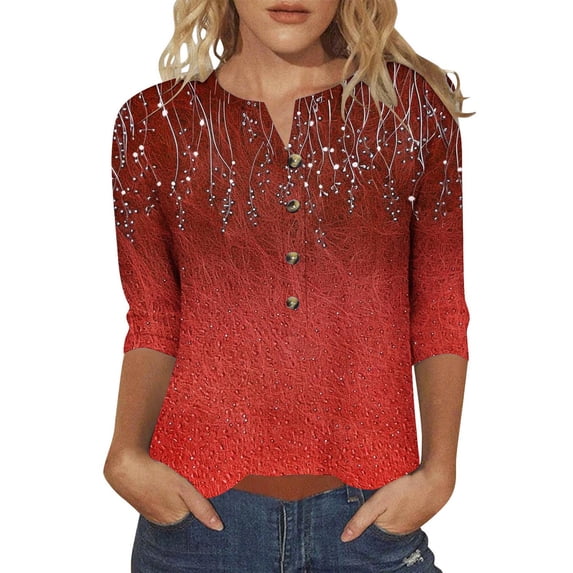 Yuanlook Women's Casual T Shirts 3/4 Sleeve Button V Neck Tunic Blouses Basic Tee Tops Loose Fit Summer Shirt - Red - M