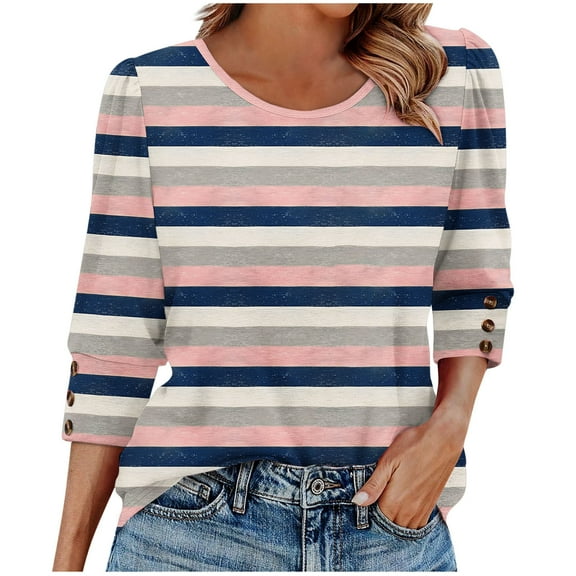 Yuanlook Women's Casual Tops Striped 3/4 Sleeve Shirts Round Neck Dressy Tops Trendy Blouses T Shirts Tees - Purple - XXL