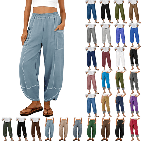 Yuanlook Women's Classic Barrel Cropped Pants, Linen Blend Elastic Waist Contrast Stitch Multi‑Pocket Trousers for Travel Trip S‑XXL