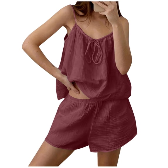 Yuanlook Women's Classic Crinkle Gauze Sleepwear Set, Notch Collar Pajama Top & Shorts, S-XXL