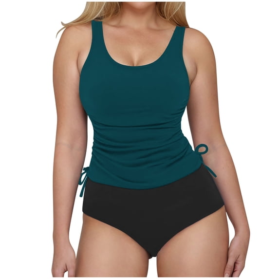 Yuanlook Women's Color Block 2 Piece Tankini Set Drawstring Side Tummy Control for Beach Vacation Size S-XXL