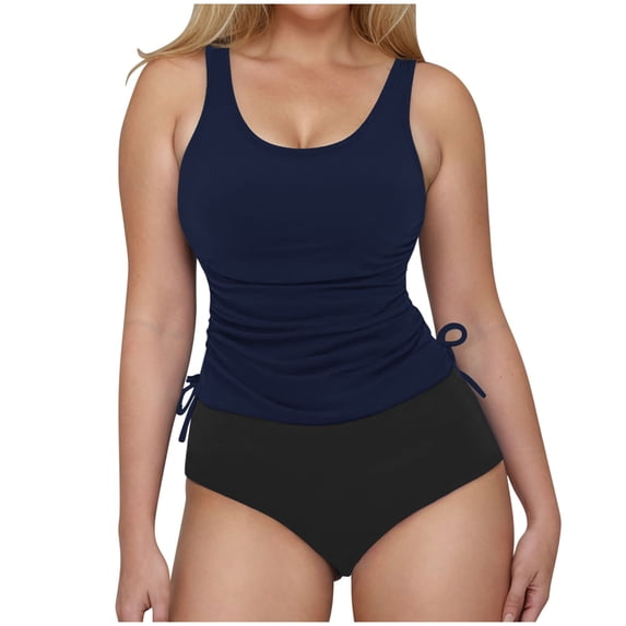 Yuanlook Women's Color Block 2 Piece Tankini Set Drawstring Side Tummy Control for Beach Vacation Size S-XXL