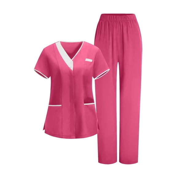 Yuanlook Women's Comfort Stretch Scrub Set V Neck Pocketed Top Elastic Waist Pants Nursing Uniform