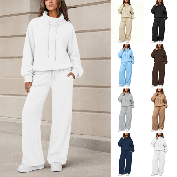 Yuanlook Women's Coordinated Two‑Piece Tracksuit, Cowl Neck Raglan Sleeve Sweatshirt and Drawstring Wide Leg Trousers for Weekend Errands and City Strolls S‑XXXL