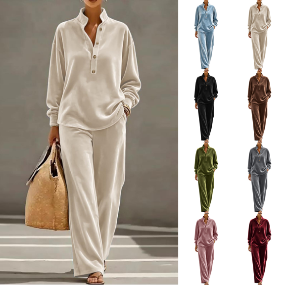 Yuanlook Women's Coordinated Velvet Two Piece Outfit, Stand Collar Button Placket Top and Drawstring Wide Leg Pants for Weekend Errands and City Strolls S‑XXL