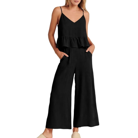 Yuanlook Women's Cotton Linen Co-Ord Set, V-Neck Peplum Cami & High Waist Wide Leg Pants, S-XXL