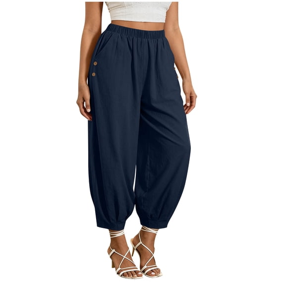 Yuanlook Women's Cotton Linen Pull-On Balloon Pants, Elastic Waist with Decorative Buttons, S-XXL