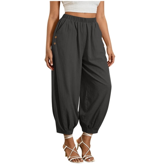 Yuanlook Women's Cotton Linen Pull-On Balloon Pants, Elastic Waist with Decorative Buttons, S-XXL