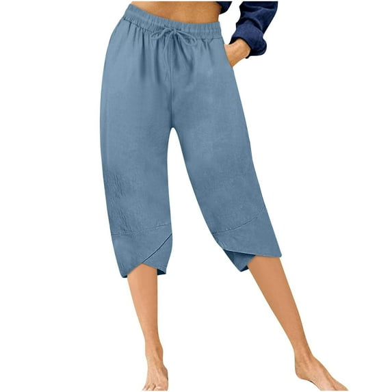Yuanlook Women's Cotton Linen Relaxed Cropped Pants, Drawstring Waist with Tulip Hem & Side Pockets, S-XXL
