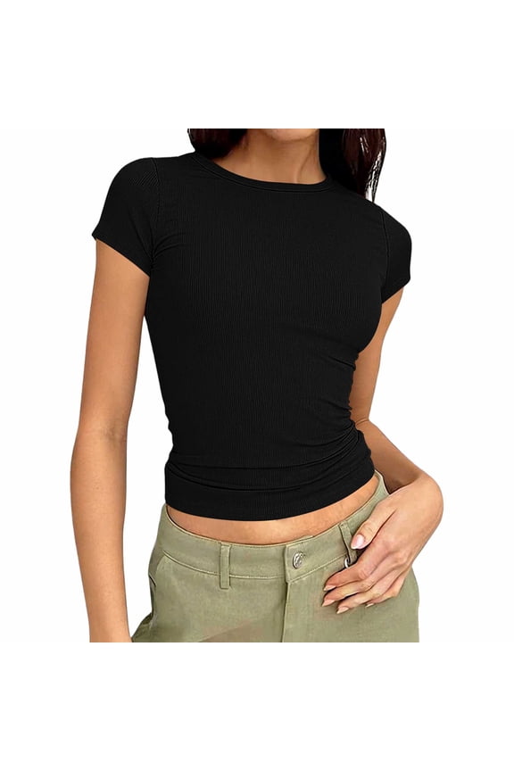 Women's Crew Neck Ribbed Skim Short Sleeve Fitted T Shirts Casual Basic Tight Tees Stretchy Tops for Women S-XXL