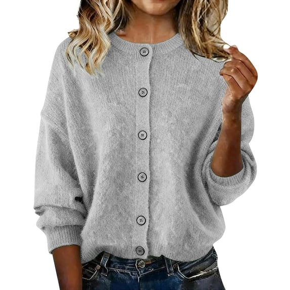 Yuanlook Women's Crew Neck Solid Knit Cardigan, Full Front Button Ribbed Cuff Long Sleeve Loose Casual Open Front Tops S-XXL