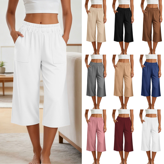 Yuanlook Women's Cropped Wide Leg Pants, Elastic Waist Large Patch Pockets Relaxed Capri Pants for Casual Outings and Weekend Gatherings S‑XXL