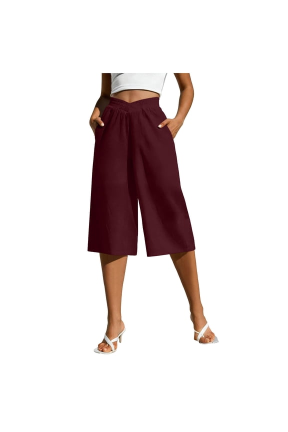 Women's Cross-Waist Culotte Pants, Casual Linen Cotton Elastic Waist Cropped Wide Leg Trousers with Pockets, S-XXL