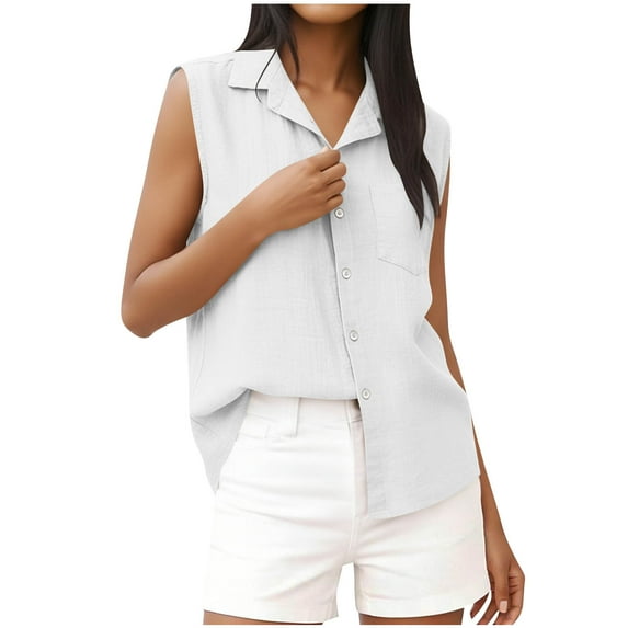Yuanlook Women's Daily Casual Collared Sleeveless Button Down Shirt Size S-XXL
