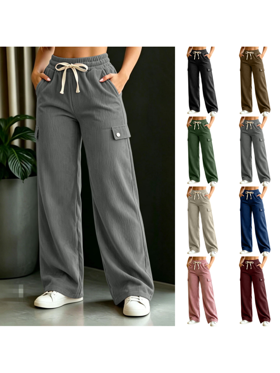Women's Drawstring Elastic Waist Ribbed Wide Leg Pants, Snap‑Button Side Cargo Pocket Utility Pants for Daily Commute and City Strolling S‑XXXL