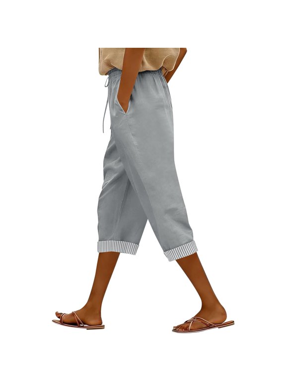 Women's Drawstring Waist Capri Pants with Striped Cuffs, Casual Loose-Fit Cropped Trousers with Pockets, S-XXL