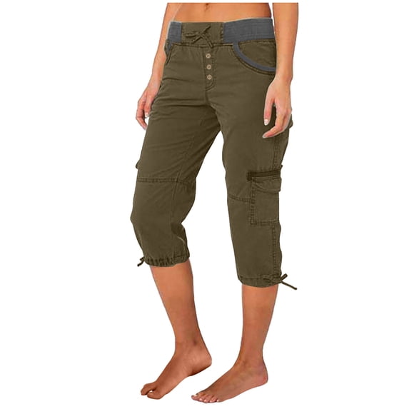 Yuanlook Women's Drawstring Waist Cargo Capri Pants, Casual Trousers with Multi Pockets & Adjustable Cuffs, S-XXXL