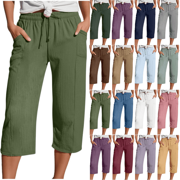 Yuanlook Women's Drawstring Waist Gauze Cropped Pants, Casual Straight Leg Trousers with Pockets, S-XXL