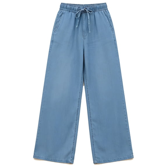Yuanlook Women's Drawstring Waist Tencel Denim Wide Leg Pants, Casual Loose Fit Trousers, S-XXXL