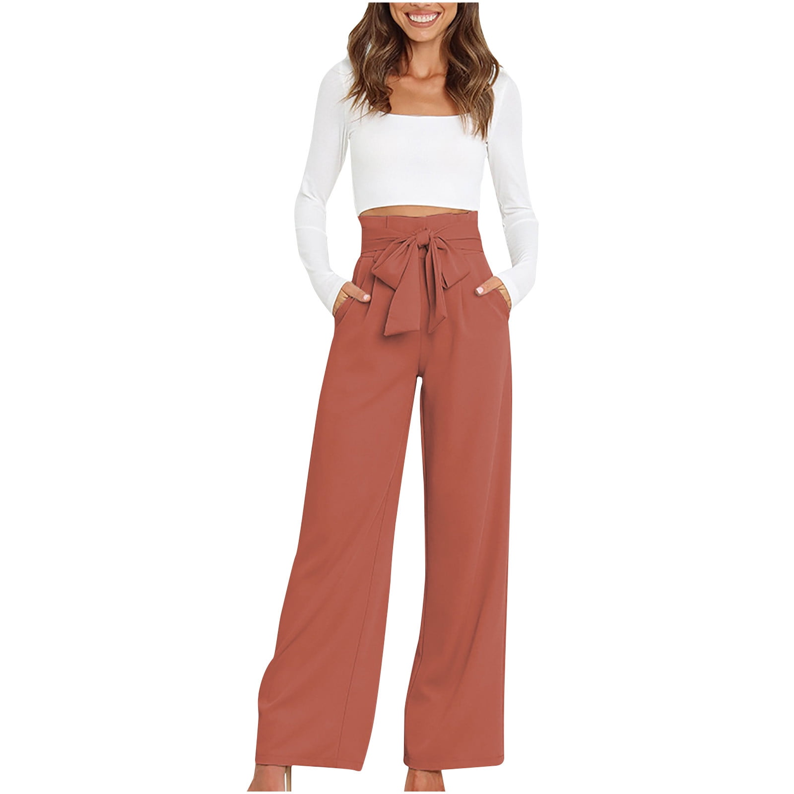 Yuanlook Women's Dress Pants Business Work Casual Wide Leg Pants with  Pockets High Waist Adjustable Knot Loose Casual Trousers