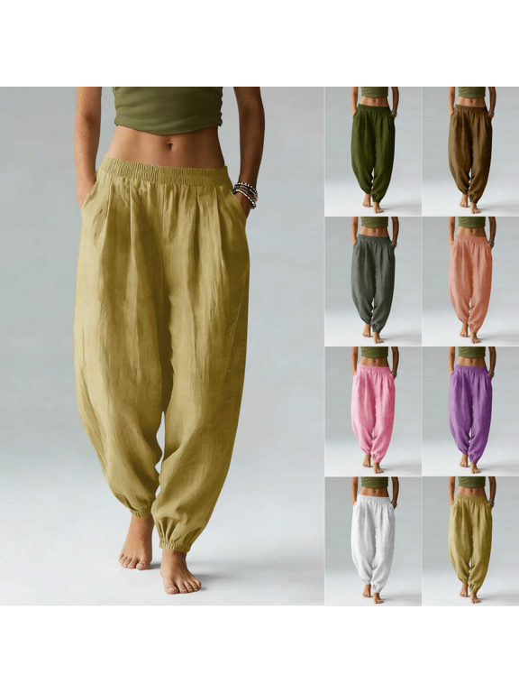 Women's Elastic High Waist Harem Pants, Loose Cotton Trousers with Side Pockets for Daily Walks Outdoor Errands S-XXL