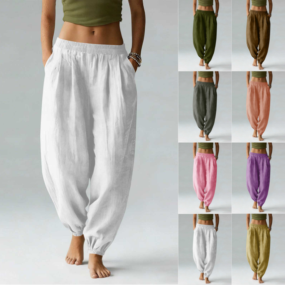 Yuanlook Women's Elastic High Waist Harem Pants, Loose Cotton Trousers with Side Pockets for Daily Walks Outdoor Errands S-XXL
