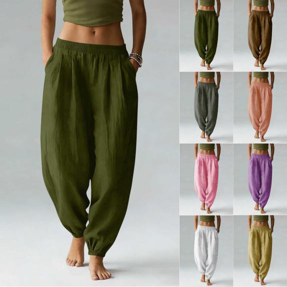 Yuanlook Women's Elastic High Waist Harem Pants, Loose Cotton Trousers with Side Pockets for Daily Walks Outdoor Errands S-XXL