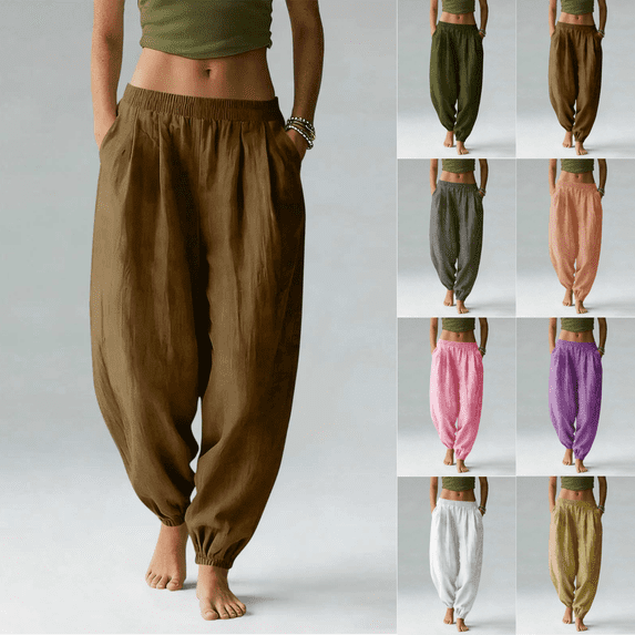 Yuanlook Women's Elastic High Waist Harem Pants, Loose Cotton Trousers with Side Pockets for Daily Walks Outdoor Errands S-XXL