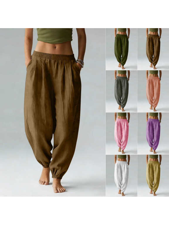 Women's Elastic High Waist Harem Pants, Loose Cotton Trousers with Side Pockets for Daily Walks Outdoor Errands S-XXL