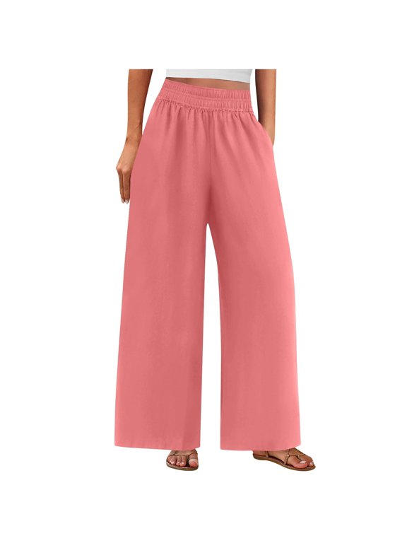 Women's Elastic High Waist Linen Cotton Wide Leg Pants, Double Layer Waistband Side Pockets Full Length Summer Casual Trousers S-XXL