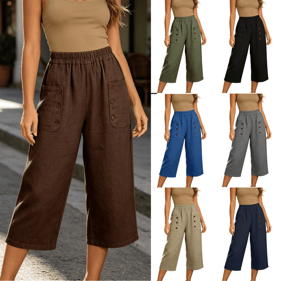 Yuanlook Women's Elastic Waist Button‑Decor Pocket Cropped Pants, Linen‑Blend Wide Leg Capri Pants for Daily Commute and City Strolling S‑XXXL