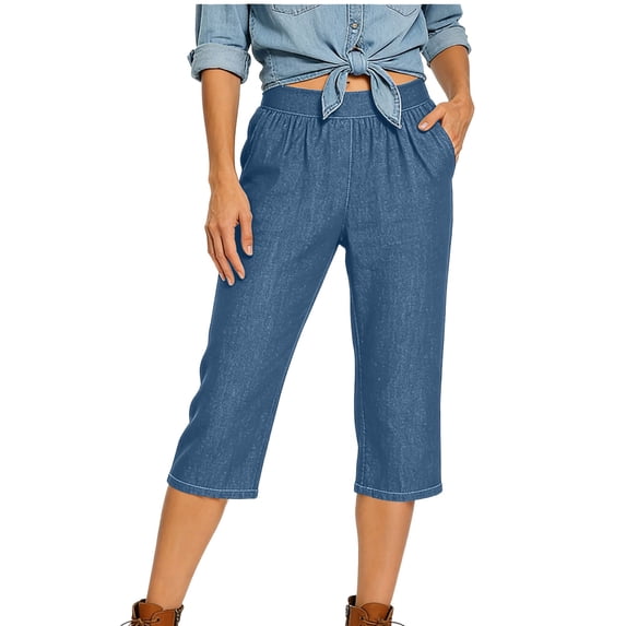 Yuanlook Women's Elastic Waist Denim Style Capri Pants with Pockets, Loose Fit Casual Trousers, S-XXXL