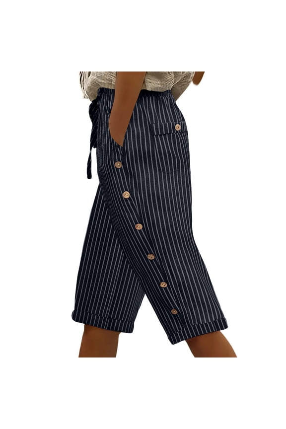 Women's Elastic Waist Striped Linen-Blend Culotte Pants, Casual Cropped Wide Leg Trousers with Side Button Detail & Tie Belt, S-XXL
