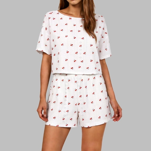 Yuanlook Women's Eyelet Cherry Print Sleepwear Set, Short Sleeve Crop Top & Matching Shorts, S-XL